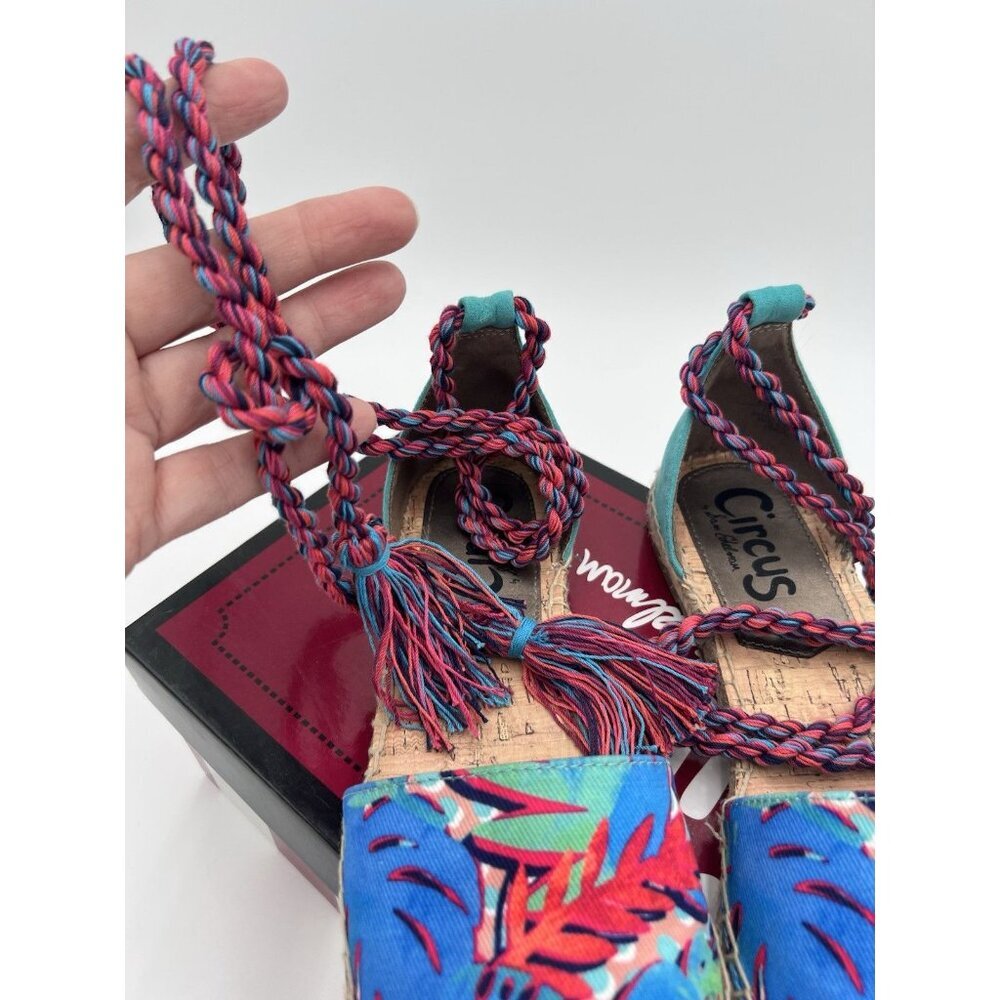 Circus Sam Edelman Boho Espadrille 8.5M Tropical Print Ankle Tie Tassel Festival - Picture 5 of 9